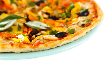 Tasty pizza with vegetables, chicken and olives isolated