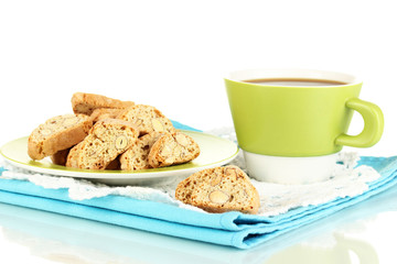 Aromatic cookies cantuccini and cup of coffee isolated on white