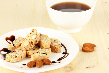 Aromatic cookies cantuccini and cup of coffee