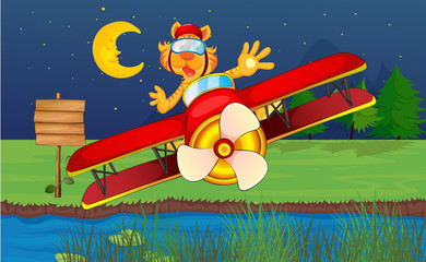 A tiger riding in a red plane