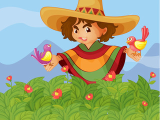 Un garçon dans le jardin avec deux oiseaux