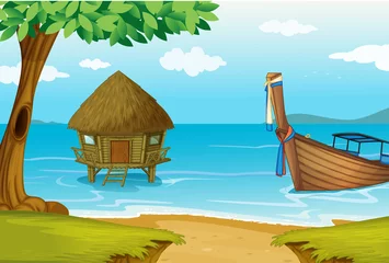 Zelfklevend Fotobehang Een strand met een huisje en een houten boot © GraphicsRF