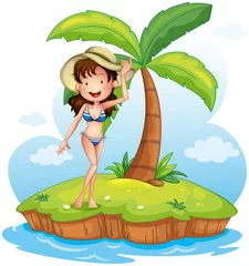  Een meisje dat een bikini draagt met een hoed voor een kokospalm © GraphicsRF