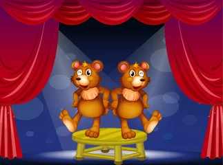 Photo sur Plexiglas Ours Deux ours au-dessus de la table jouant sur scène