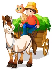 Photo sur Plexiglas Ferme Un jeune garçon avec un cheval et un chat