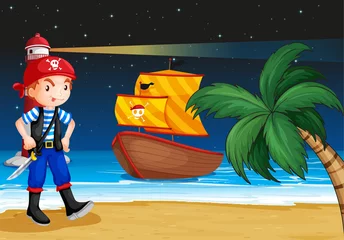 Papier Peint photo autocollant Pirates Un pirate près du bord de mer avec un bateau pirate