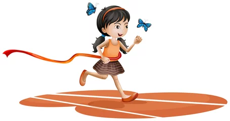 Foto op Plexiglas Vlinders Een meisje dat rent met twee blauwe vlinders
