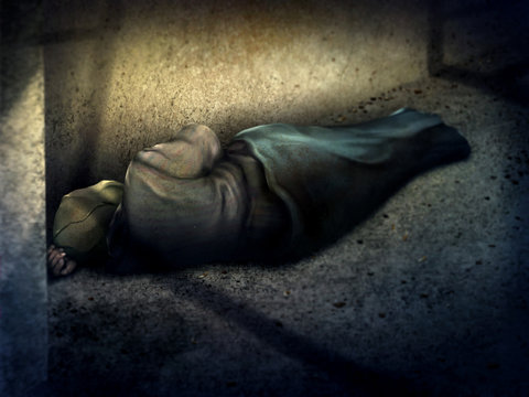 digital painting of a homeless man asleep on the ground in a dark alley