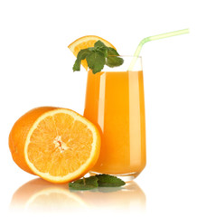 Glass of orange juice with mint and orange isolated on white