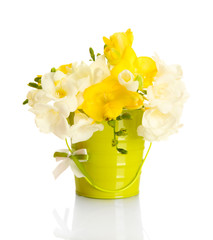 Beautiful bouquet of freesias in pail, isolated on white