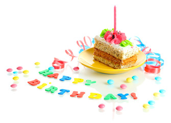 Colorful birthday cake with candle isolated on white