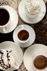 Assortment of different hot coffee drinks close up