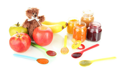 Baby puree with fruits isolated on white
