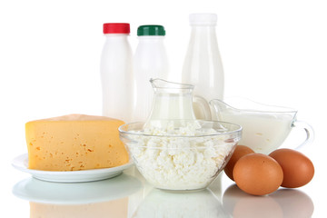 Dairy products and eggs isolated on white