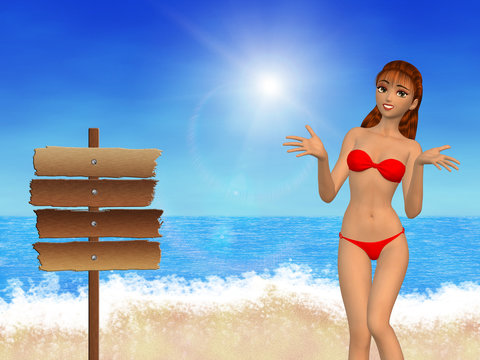 Girl on beach and signboard
