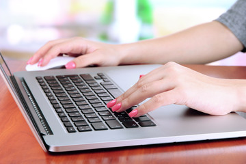 Female hands writing on laptop, on bright background