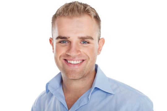 Closeup portrait of happy smiling young businessman isolated