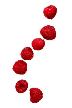 Raspberries falling isolated on a white background