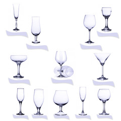collection of empty glasses isolated on  white background