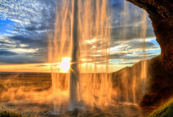 Seljalandfoss waterfall at sunset in HDR, Iceland
