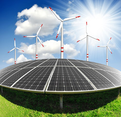 solar energy panels and wind turbine