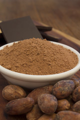 Cocao beans, podwer and chocolate