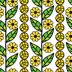 vector seamless pattern with green leaves and flowers