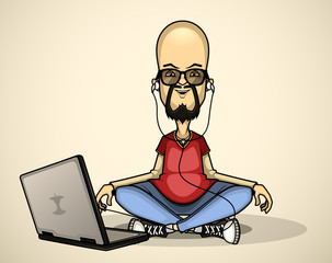 User in red shirt and sunglasses with a laptop meditates