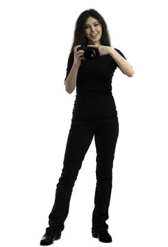 The beautiful girl with the camera, isolated on a white backgrou