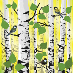 Bright sunlight in the forest, the birds in the trees, vector