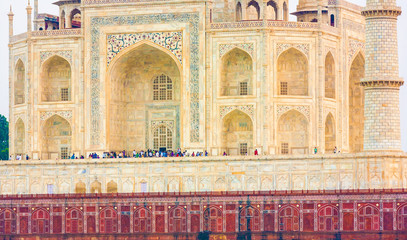 taj mahal from yamuna river in sunset