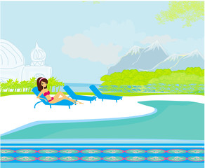 Obraz na płótnie Canvas vector image of girl and tropical pool