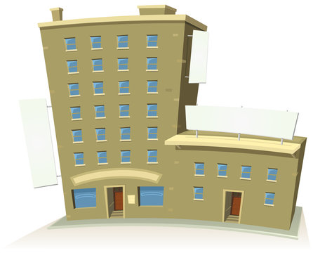 Cartoon Shop Building With Apartments And Banners