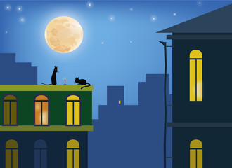 Cats .Сats in the moonlight on the roofs of the city