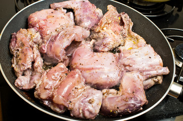 Pieces of the rabbit on the pan