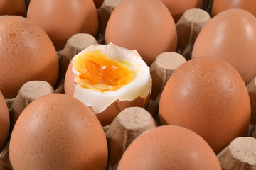 Egg tray with an egg which is eaten.