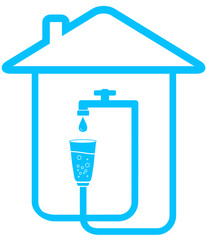 blue sign drinking water with house, glass and tap