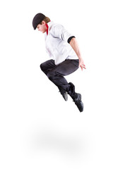 Fototapeta na wymiar young man jumping gangster na białym