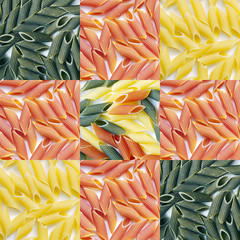 Mosaïque de pâtes penne tricolores