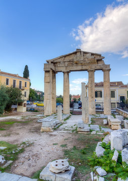 Remains of the west gate into the Roman Forum of Athens, Greece