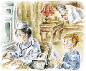 Doctor, boy and his sick mother