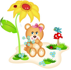 Teddybär beim Blumenpflücken