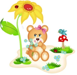 Fototapete Magische Welt Teddybär beim Blumenpflücken