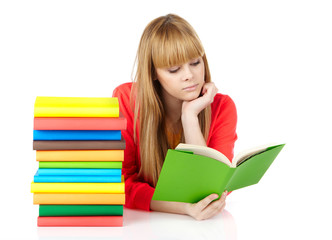 young girl with books Isolated on white background