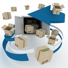 3d cardboard boxes around  container on white