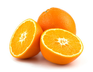 Cut orange fruit isolated on white background