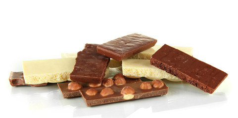 Dark, white chocolate  and chocolate with nuts, isolated