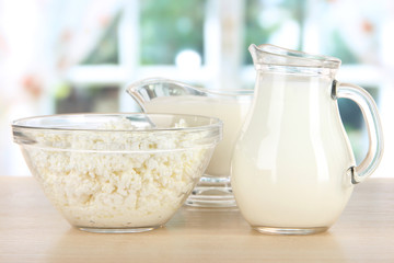 Dairy products on table in kitchen