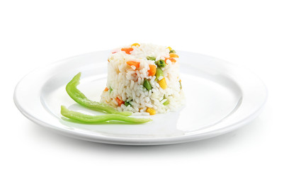 Delicious risotto with vegetables, isolated on white