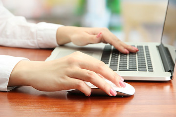 Female hands working on laptop, on bright background